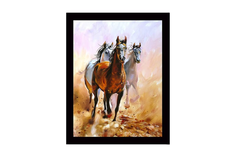 Inramad Canvastavla i trä - 41x56 cm - Tre hästar i rörelse genom en dammig landskap - Brun / Vit / Beige - Inredning - Tavlor & konst