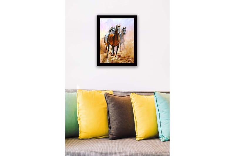 Inramad Canvastavla i trä - 41x56 cm - Tre hästar i rörelse genom en dammig landskap - Brun / Vit / Beige - Inredning - Tavlor & konst