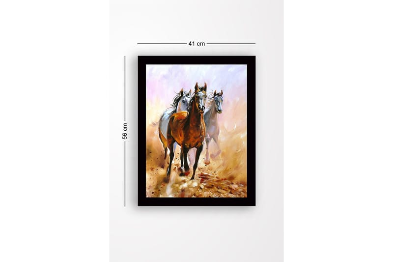 Inramad Canvastavla i trä - 41x56 cm - Tre hästar i rörelse genom en dammig landskap - Brun / Vit / Beige - Inredning - Tavlor & konst