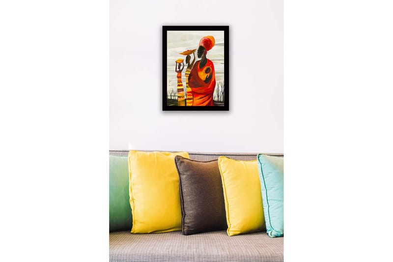 Inramad Canvastavla i trä - 41x56 cm - Tre kvinnor bärande på skålar och barn i en färgglad och uttrycksfull komposition - Röd / Orange / Gul - Inredning - Tavlor & konst