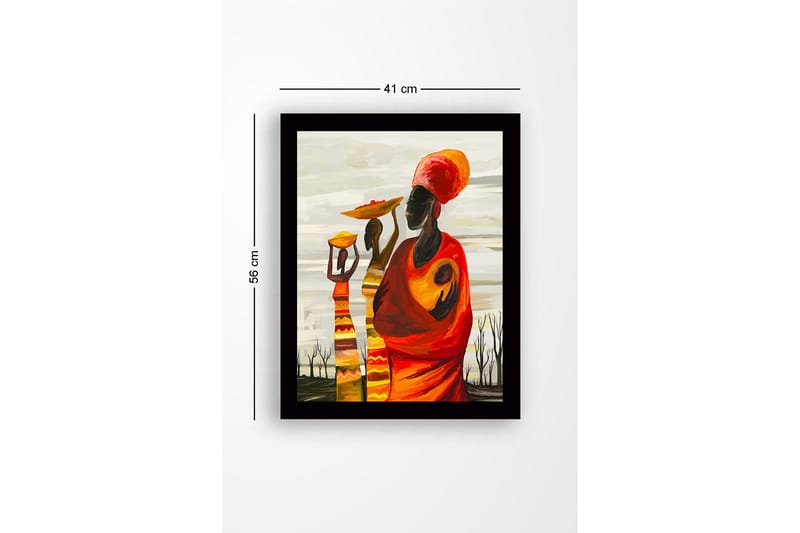 Inramad Canvastavla i trä - 41x56 cm - Tre kvinnor bärande på skålar och barn i en färgglad och uttrycksfull komposition - Röd / Orange / Gul - Inredning - Tavlor & konst