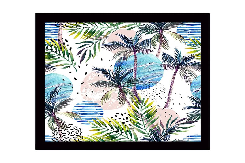 Inramad Canvastavla i trä - 41x56 cm - Tropisk landskap med palmer och färgglada cirklar - Grön / Blå / Rosa - Inredning - Tavlor & konst