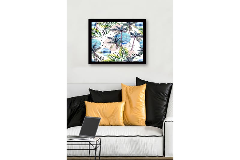 Inramad Canvastavla i trä - 41x56 cm - Tropisk landskap med palmer och färgglada cirklar - Grön / Blå / Rosa - Inredning - Tavlor & konst