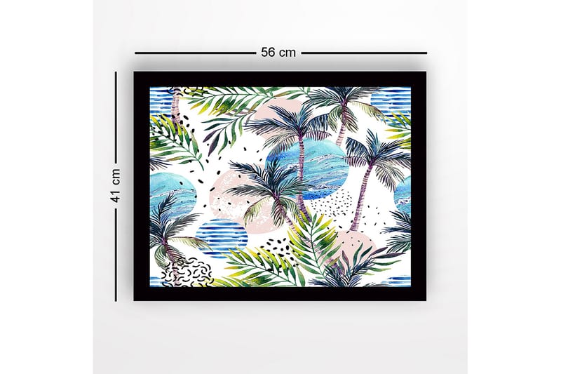 Inramad Canvastavla i trä - 41x56 cm - Tropisk landskap med palmer och färgglada cirklar - Grön / Blå / Rosa - Inredning - Tavlor & konst
