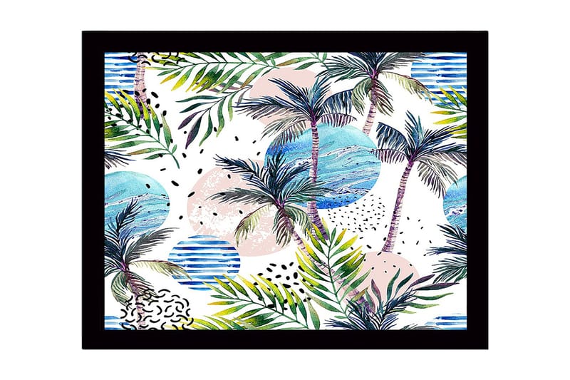 Inramad Canvastavla i trä - 41x56 cm - Tropisk landskap med palmer och färgglada cirklar - Grön / Blå / Rosa - Inredning - Tavlor & konst
