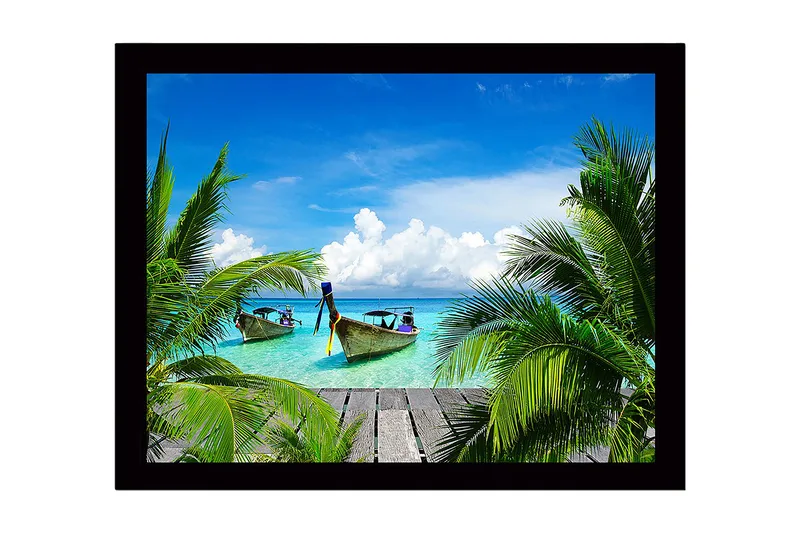 Inramad Canvastavla i trä - 41x56 cm - Tropisk strand med båtar och palmer, Turkos / Grön / Blå