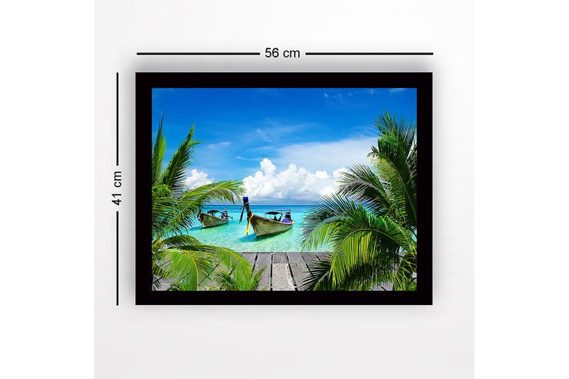Inramad Canvastavla i trä - 41x56 cm - Tropisk strand med båtar och palmer - Turkos / Grön / Blå - Inredning - Tavlor & konst