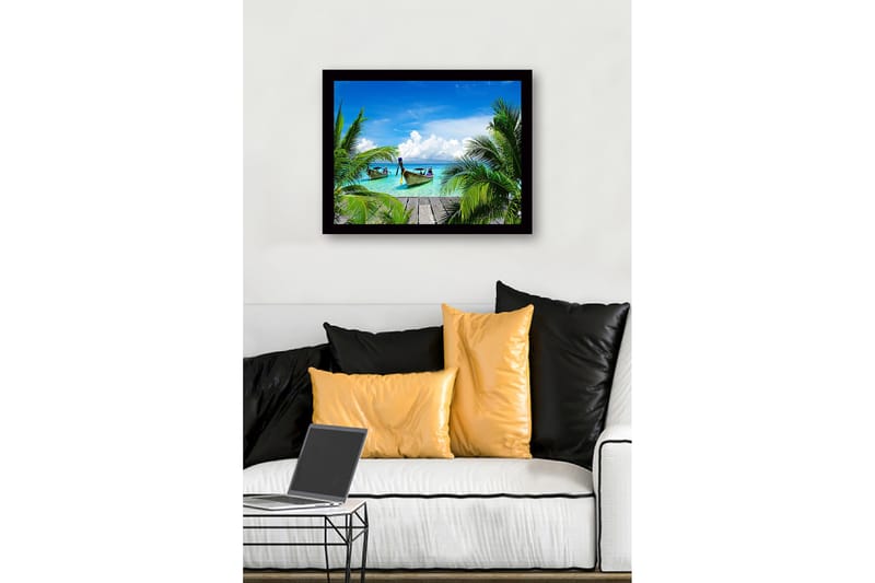 Inramad Canvastavla i trä - 41x56 cm - Tropisk strand med båtar och palmer - Turkos / Grön / Blå - Inredning - Tavlor & konst