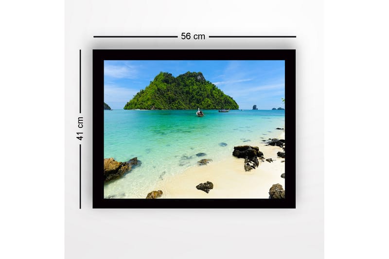 Inramad Canvastavla i trä - 41x56 cm - Tropisk strand med klarblått vatten och grönskande öar - Turkos / Grön / Beige - Inredning - Tavlor & konst