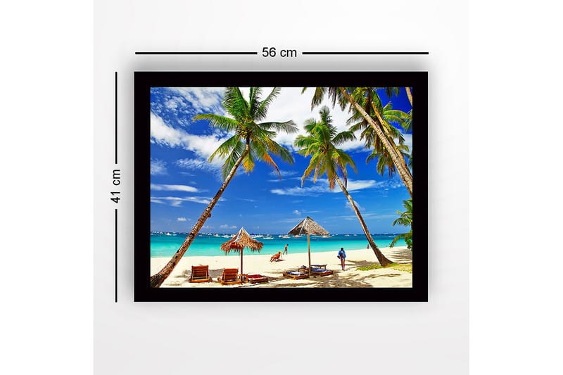 Inramad Canvastavla i trä - 41x56 cm - Tropisk strand med palmer och solstolar - Blå / Grön / Beige - Inredning - Tavlor & konst