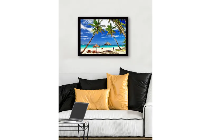 Inramad Canvastavla i trä - 41x56 cm - Tropisk strand med palmer och solstolar - Blå / Grön / Beige - Inredning - Tavlor & konst