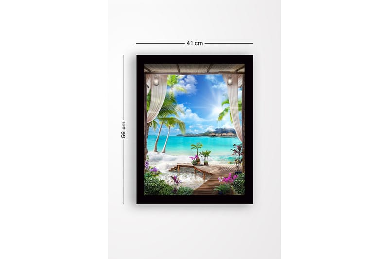 Inramad Canvastavla i trä - 41x56 cm - Tropisk utsikt med palmer och klarblått hav - Turkos / Grön / Lila - Inredning - Tavlor & konst
