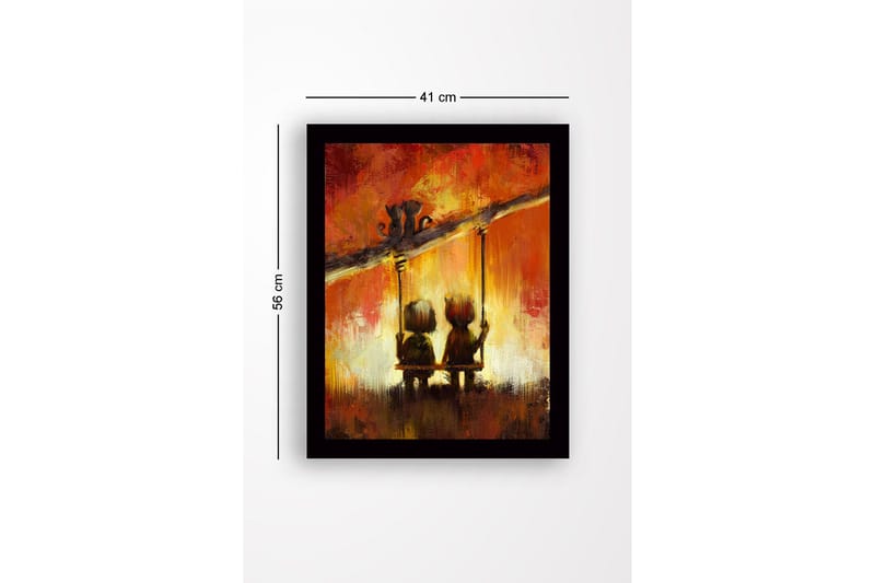 Inramad Canvastavla i trä - 41x56 cm - Två barn som gungar tillsammans under en färgglad himmel - Röd / Orange / Svart - Inredning - Tavlor & konst