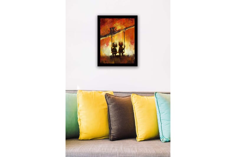 Inramad Canvastavla i trä - 41x56 cm - Två barn som gungar tillsammans under en färgglad himmel - Röd / Orange / Svart - Inredning - Tavlor & konst