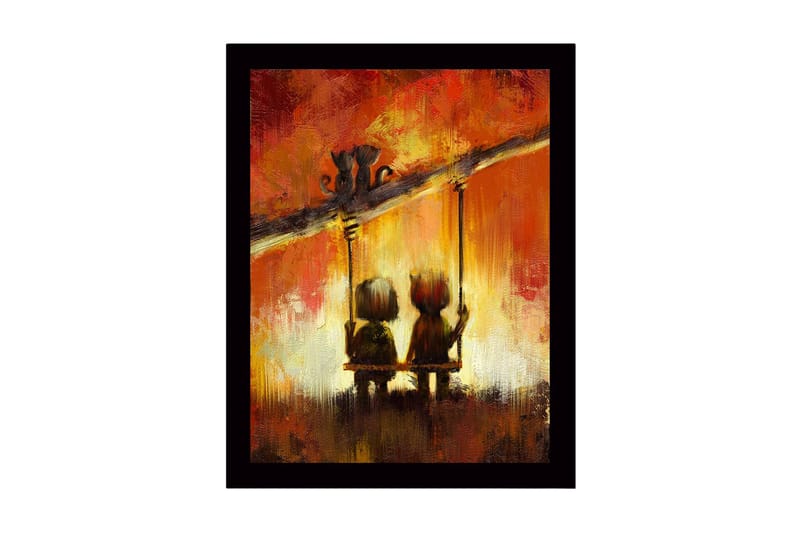 Inramad Canvastavla i trä - 41x56 cm - Två barn som gungar tillsammans under en färgglad himmel, Röd / Orange / Svart