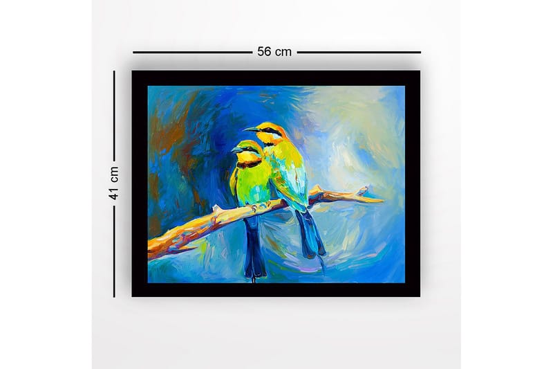 Inramad Canvastavla i trä - 41x56 cm - Två färgglada fåglar på en gren - Grön / Blå / Gul - Inredning - Tavlor & konst