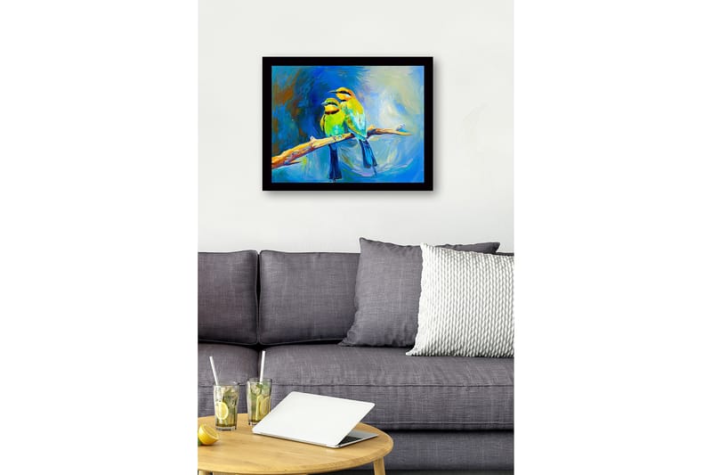Inramad Canvastavla i trä - 41x56 cm - Två färgglada fåglar på en gren - Grön / Blå / Gul - Inredning - Tavlor & konst