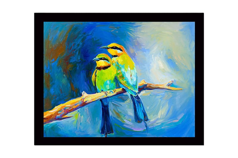 Inramad Canvastavla i trä - 41x56 cm - Två färgglada fåglar på en gren, Grön / Blå / Gul