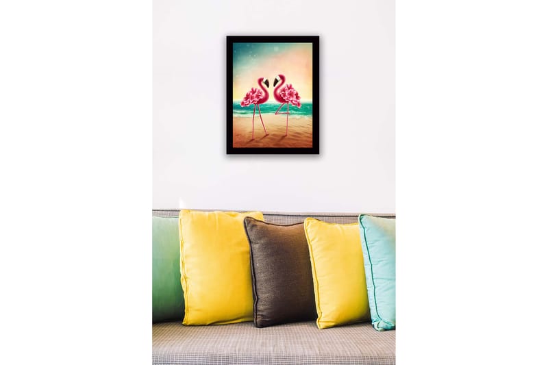 Inramad Canvastavla i trä - 41x56 cm - Två flamingos med blomsterdetaljer som står nära varandra vid havet - Rosa / Turkos / Beige - Inredning - Tavlor & konst