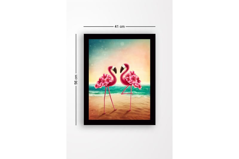 Inramad Canvastavla i trä - 41x56 cm - Två flamingos med blomsterdetaljer som står nära varandra vid havet - Rosa / Turkos / Beige - Inredning - Tavlor & konst