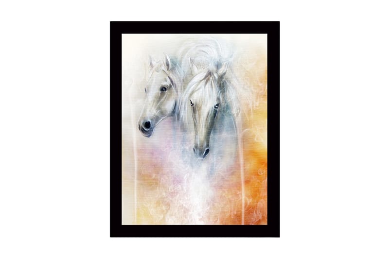 Inramad Canvastavla i trä - 41x56 cm - Två majestätiska hästar med mjuka drag och en drömlik bakgrund, Vit / Ljusgrå / Orange