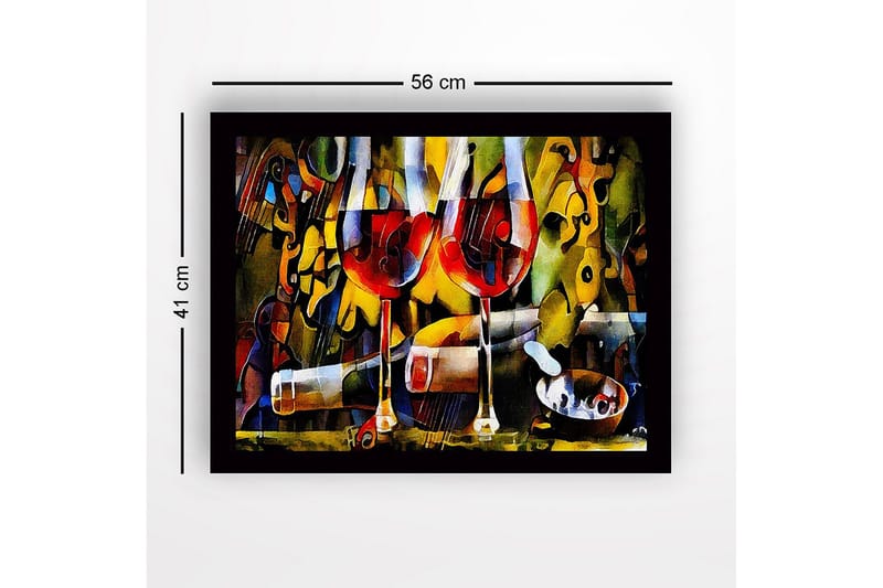 Inramad Canvastavla i trä - 41x56 cm - Två vinglas med röd vin och en flaska i en livlig komposition - Röd / Gul / Grön - Inredning - Tavlor & konst