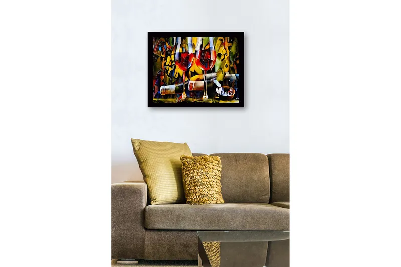 Inramad Canvastavla i trä - 41x56 cm - Två vinglas med röd vin och en flaska i en livlig komposition - Röd / Gul / Grön - Inredning - Tavlor & konst