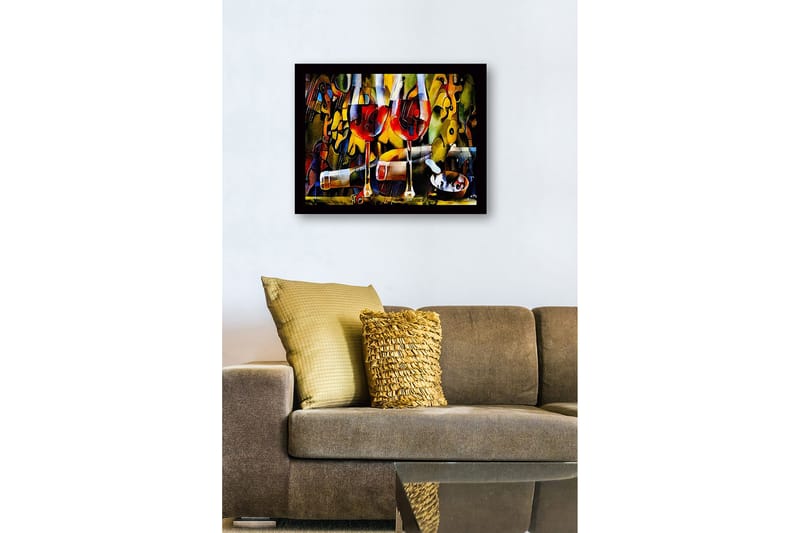 Inramad Canvastavla i trä - 41x56 cm - Två vinglas med röd vin och en flaska i en livlig komposition - Röd / Gul / Grön - Inredning - Tavlor & konst