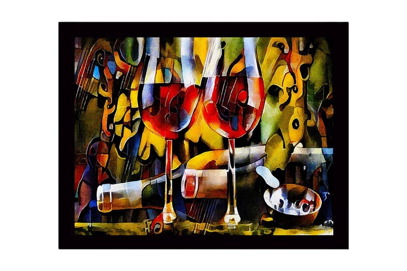 Inramad Canvastavla i trä - 41x56 cm - Två vinglas med röd vin och en flaska i en livlig komposition, Röd / Gul / Grön