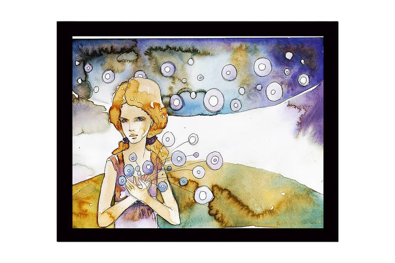 Inramad Canvastavla i trä - 41x56 cm - Ung kvinna med blommor i händerna och svävande cirklar runtomkring - Ljusblå / Beige / Lila - Inredning - Tavlor & konst