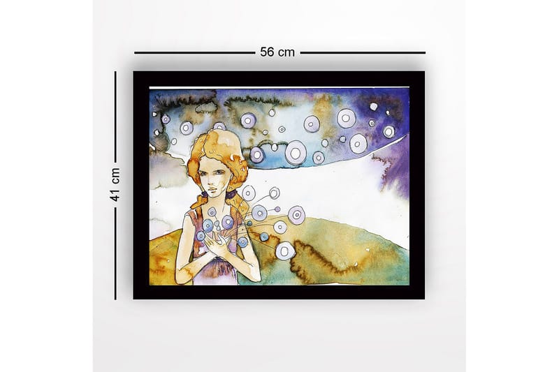 Inramad Canvastavla i trä - 41x56 cm - Ung kvinna med blommor i händerna och svävande cirklar runtomkring - Ljusblå / Beige / Lila - Inredning - Tavlor & konst