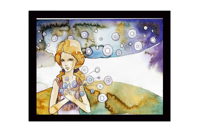 Inramad Canvastavla i trä - 41x56 cm - Ung kvinna med blommor i händerna och svävande cirklar runtomkring - Ljusblå / Beige / Lila - Inredning - Tavlor & konst