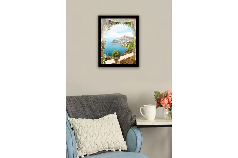 Inramad Canvastavla i trä - 41x56 cm - Utsikt över en kuststad med blommor i förgrunden - Blå / Grön / Rosa - Inredning - Tavlor & konst