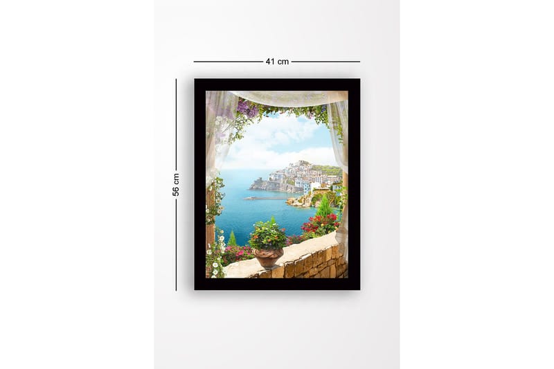 Inramad Canvastavla i trä - 41x56 cm - Utsikt över en kuststad med blommor i förgrunden - Blå / Grön / Rosa - Inredning - Tavlor & konst
