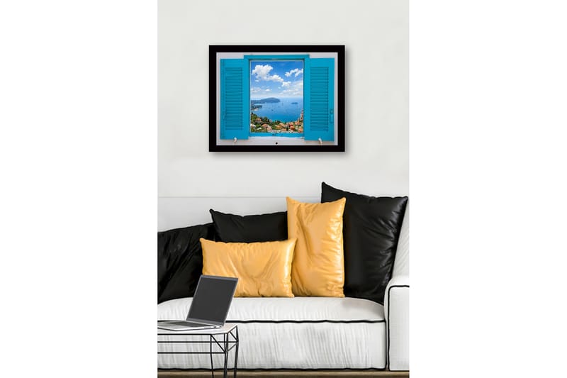 Inramad Canvastavla i trä - 41x56 cm - Utsikt genom en öppen fönsterlucka mot havet och himlen - Blå / Grön / Vit - Inredning - Tavlor & konst