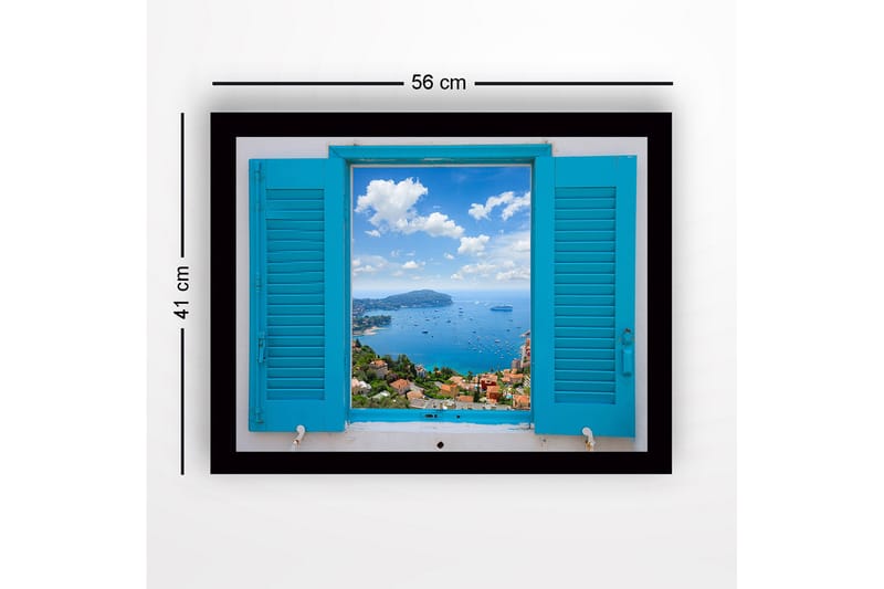 Inramad Canvastavla i trä - 41x56 cm - Utsikt genom en öppen fönsterlucka mot havet och himlen - Blå / Grön / Vit - Inredning - Tavlor & konst