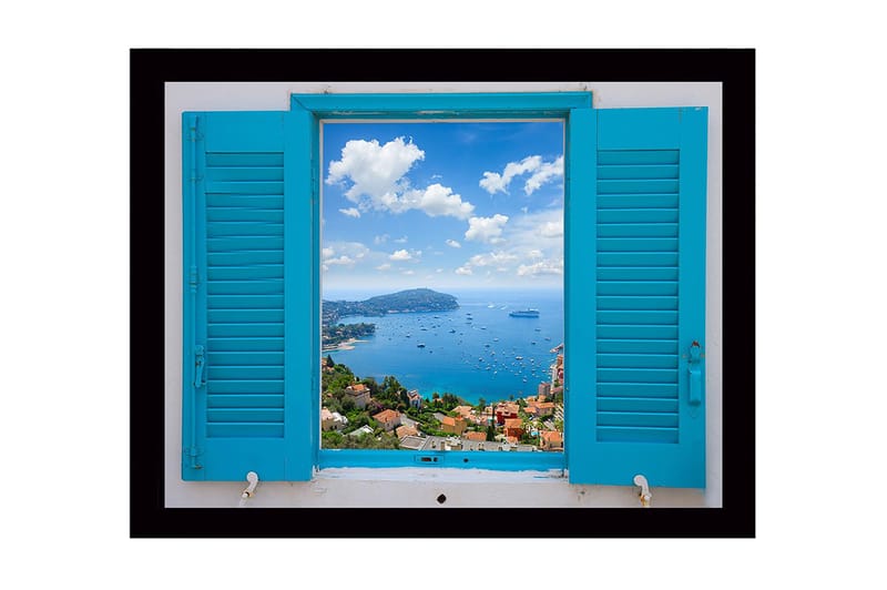 Inramad Canvastavla i trä - 41x56 cm - Utsikt genom en öppen fönsterlucka mot havet och himlen - Blå / Grön / Vit - Inredning - Tavlor & konst