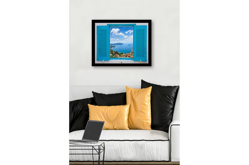 Inramad Canvastavla i trä - 41x56 cm - Utsikt genom en öppen fönsterlucka mot havet och himlen - Blå / Grön / Vit - Inredning - Tavlor & konst