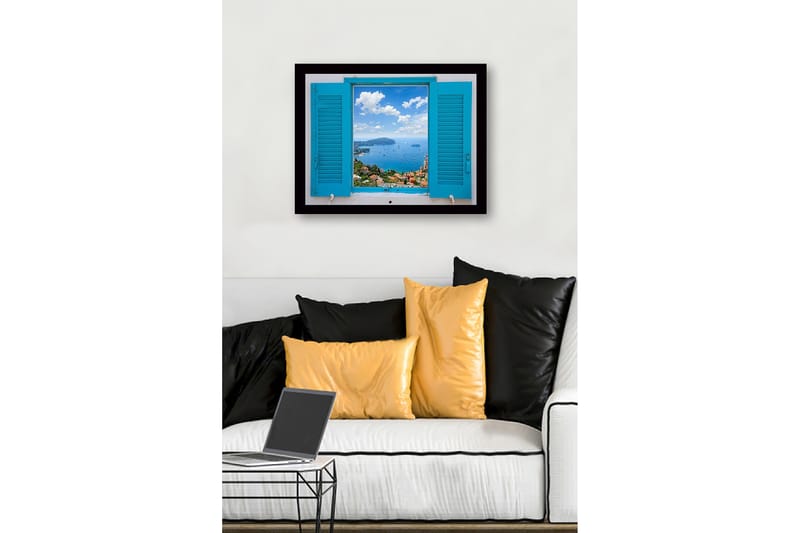 Inramad Canvastavla i trä - 41x56 cm - Utsikt genom en öppen fönsterlucka mot havet och himlen - Blå / Grön / Vit - Inredning - Tavlor & konst