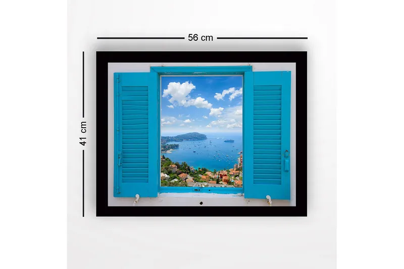 Inramad Canvastavla i trä - 41x56 cm - Utsikt genom en öppen fönsterlucka mot havet och himlen - Blå / Grön / Vit - Inredning - Tavlor & konst