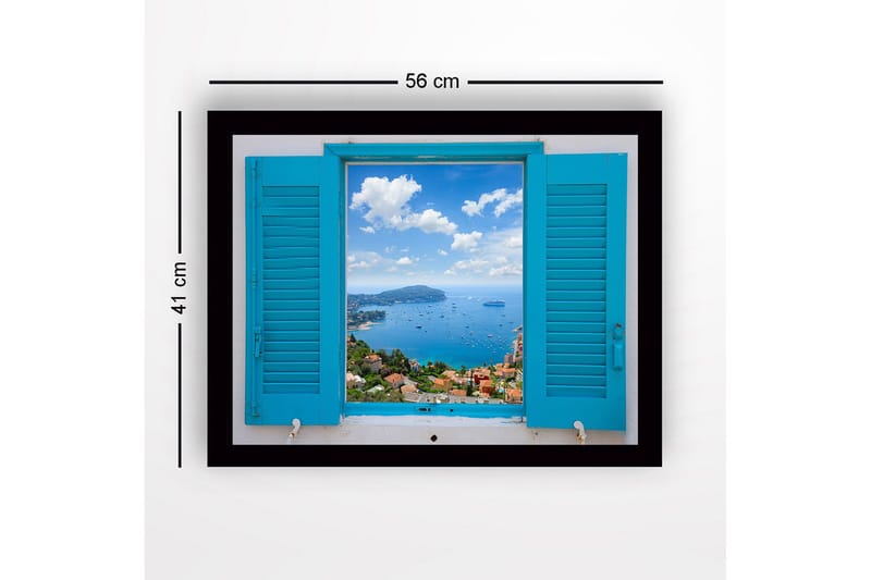 Inramad Canvastavla i trä - 41x56 cm - Utsikt genom en öppen fönsterlucka mot havet och himlen - Blå / Grön / Vit - Inredning - Tavlor & konst
