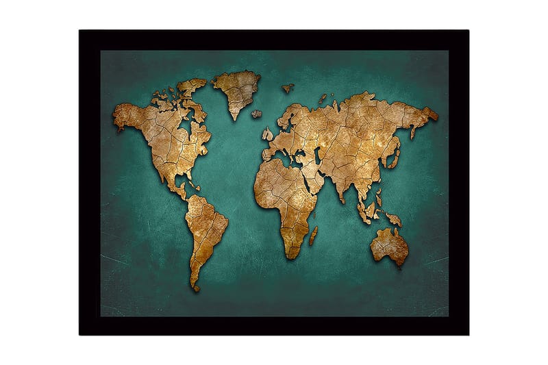 Inramad Canvastavla i trä - 41x56 cm - Världskarta i guldtoner på en turkos bakgrund - Guld / Turkos - Inredning - Tavlor & konst