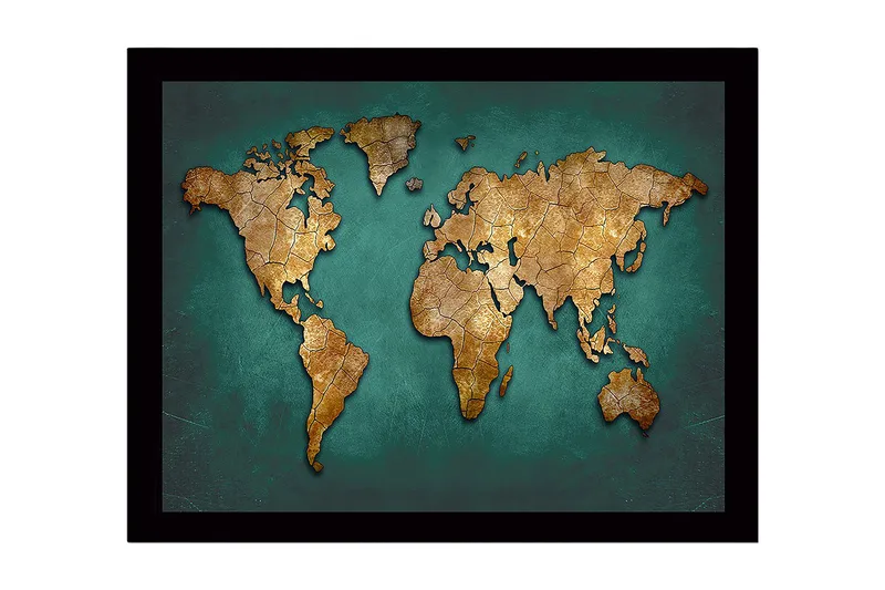 Inramad Canvastavla i trä - 41x56 cm - Världskarta i guldtoner på en turkos bakgrund - Guld / Turkos - Inredning - Tavlor & konst