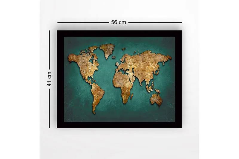 Inramad Canvastavla i trä - 41x56 cm - Världskarta i guldtoner på en turkos bakgrund - Guld / Turkos - Inredning - Tavlor & konst