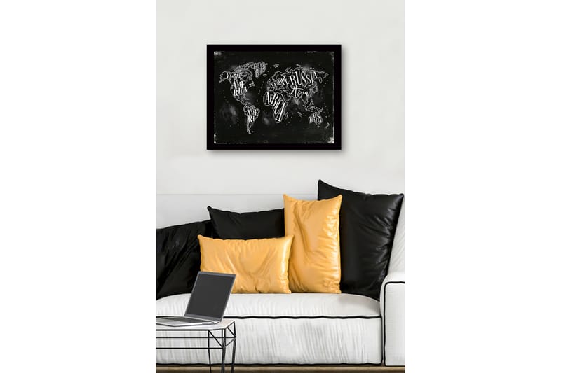 Inramad Canvastavla i trä - 41x56 cm - Världskarta med handskrivna namn på kontinenter och länder - Svart / Vit - Inredning - Tavlor & konst
