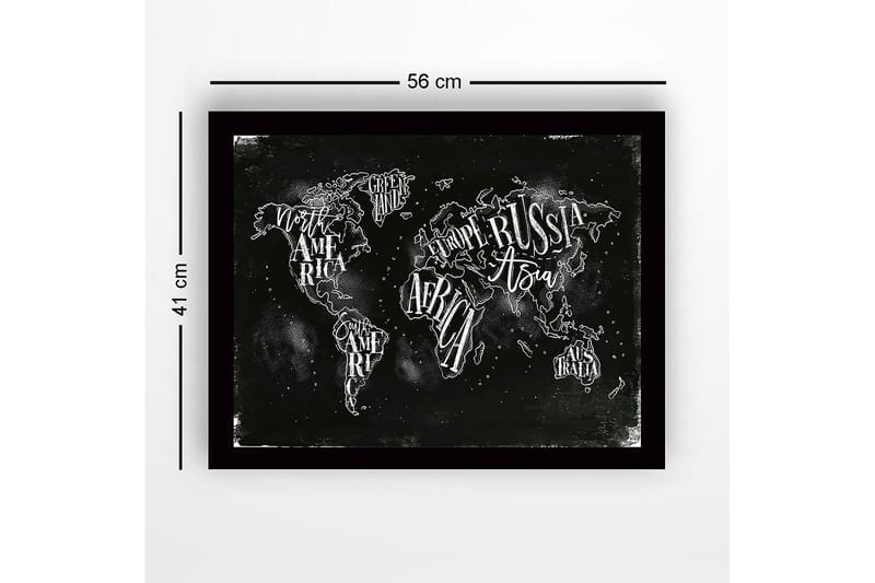 Inramad Canvastavla i trä - 41x56 cm - Världskarta med handskrivna namn på kontinenter och länder - Svart / Vit - Inredning - Tavlor & konst