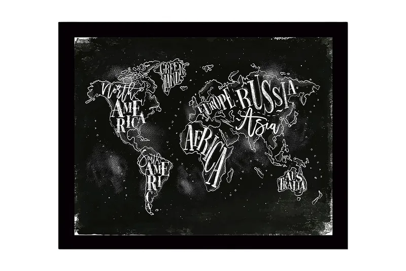 Inramad Canvastavla i trä - 41x56 cm - Världskarta med handskrivna namn på kontinenter och länder, Svart / Vit