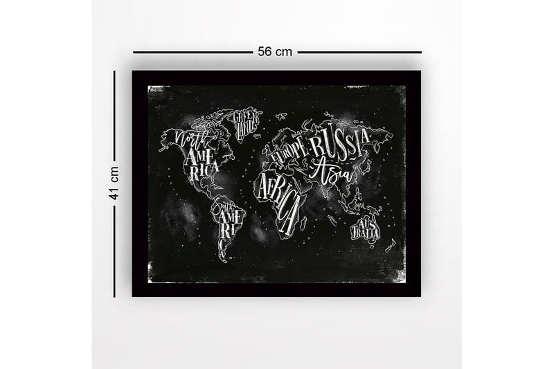 Inramad Canvastavla i trä - 41x56 cm - Världskarta med handskrivna namn på kontinenter och länder - Svart / Vit - Inredning - Tavlor & konst