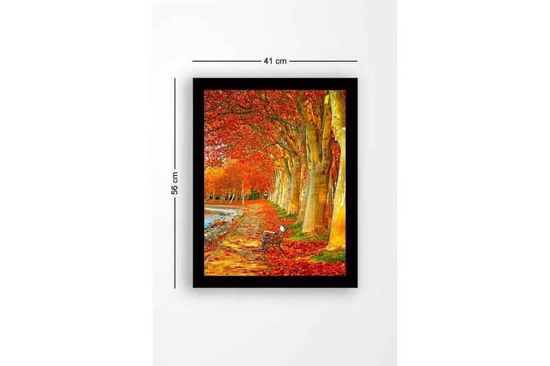 Inramad Canvastavla i trä - 41x56 cm - Vacker allé med höstfärgade träd och en bänk längs en promenadväg - Orange / Guld / Grön - Inredning - Tavlor & konst