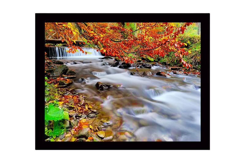 Inramad Canvastavla i trä - 41x56 cm - Vacker bäck med höstfärger och rinnande vatten - Orange / Grön / Brun - Inredning - Tavlor & konst